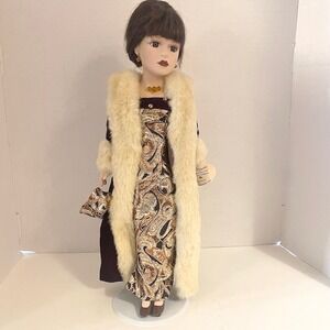 Brass Key Porcelain Doll Camellia Garden Brown Dress Fur Trim Swarovski Jewelry
